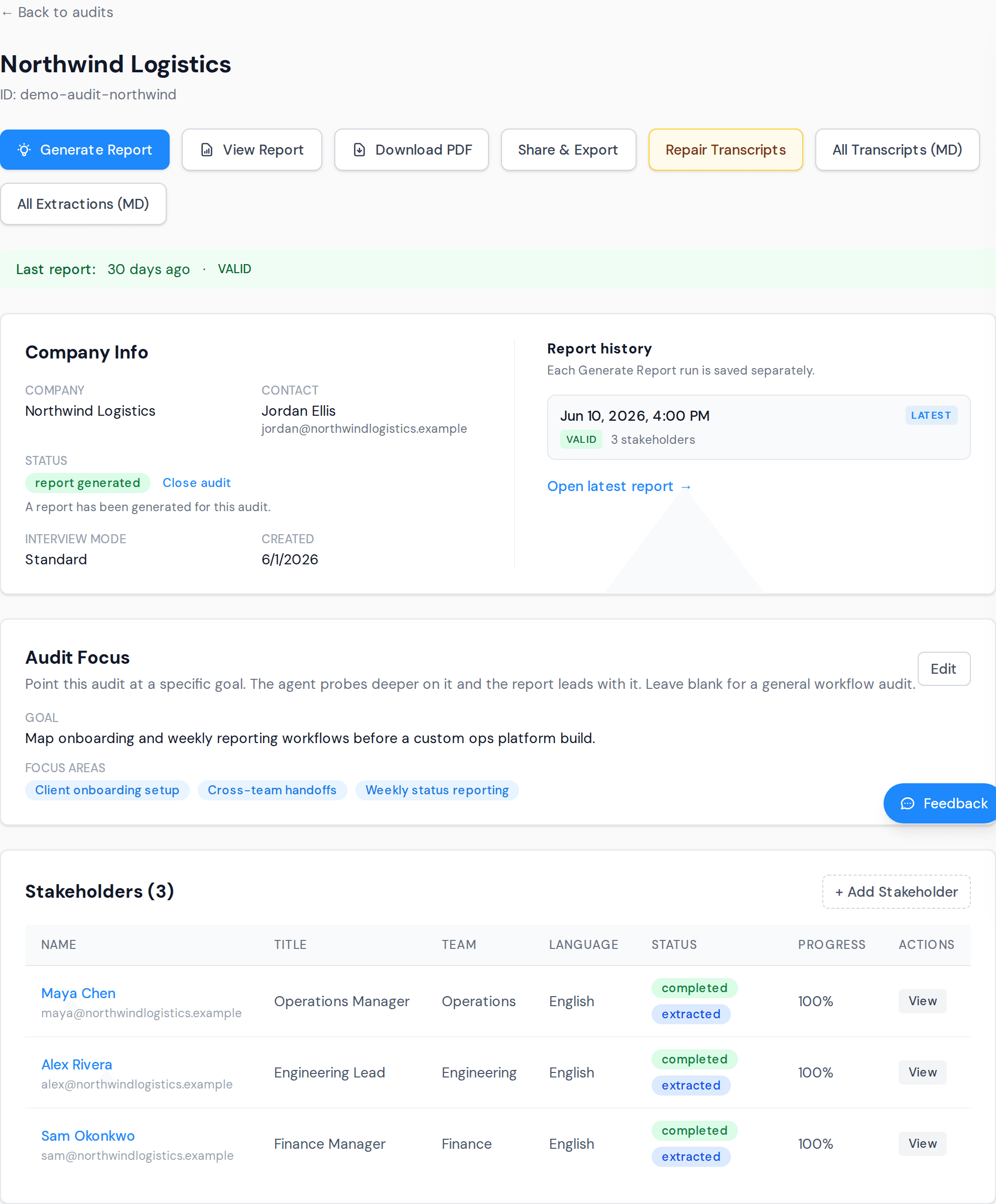 Audit detail page with stakeholders and report actions