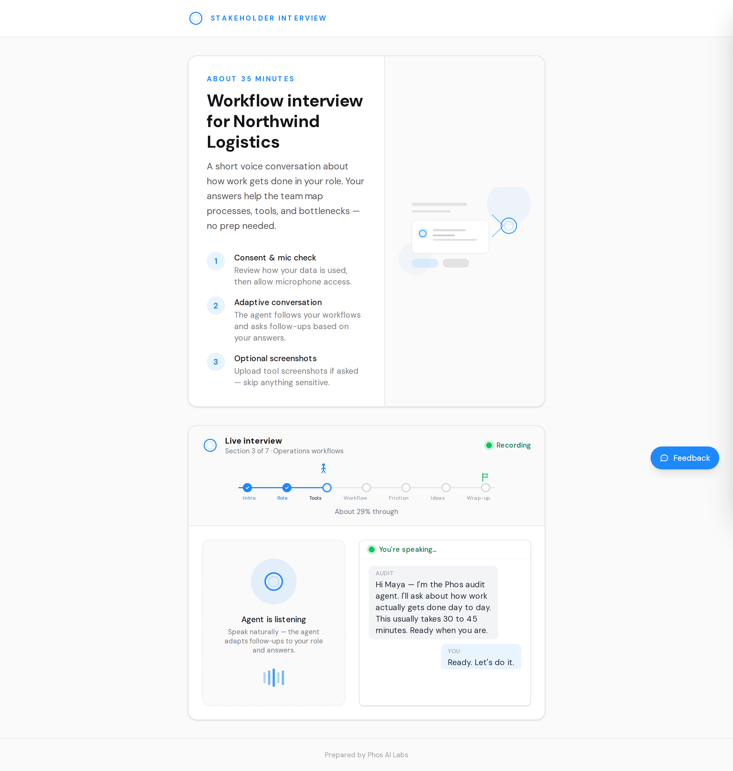 Stakeholder interview welcome and live conversation UI