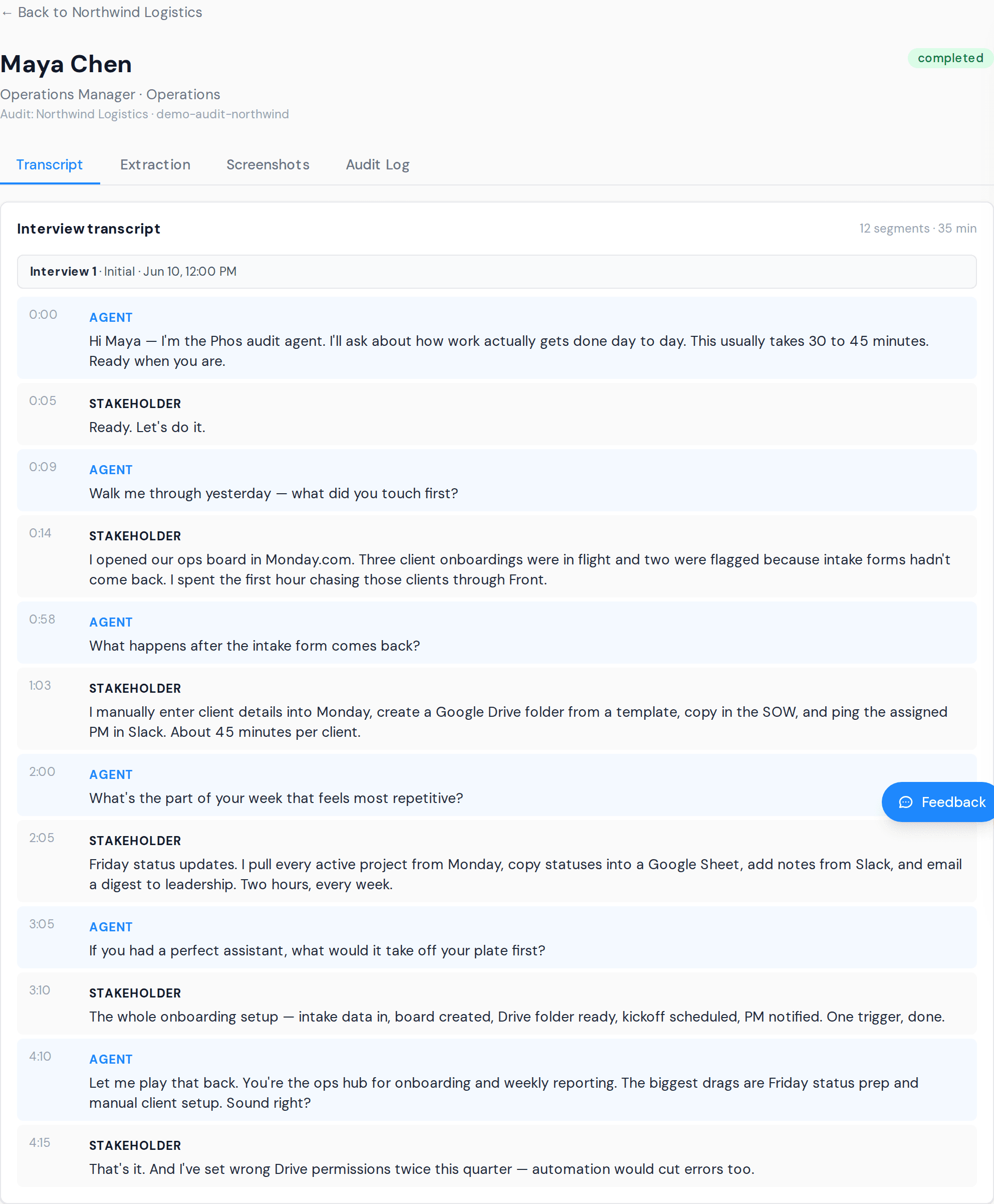 Admin transcript viewer with interview dialogue